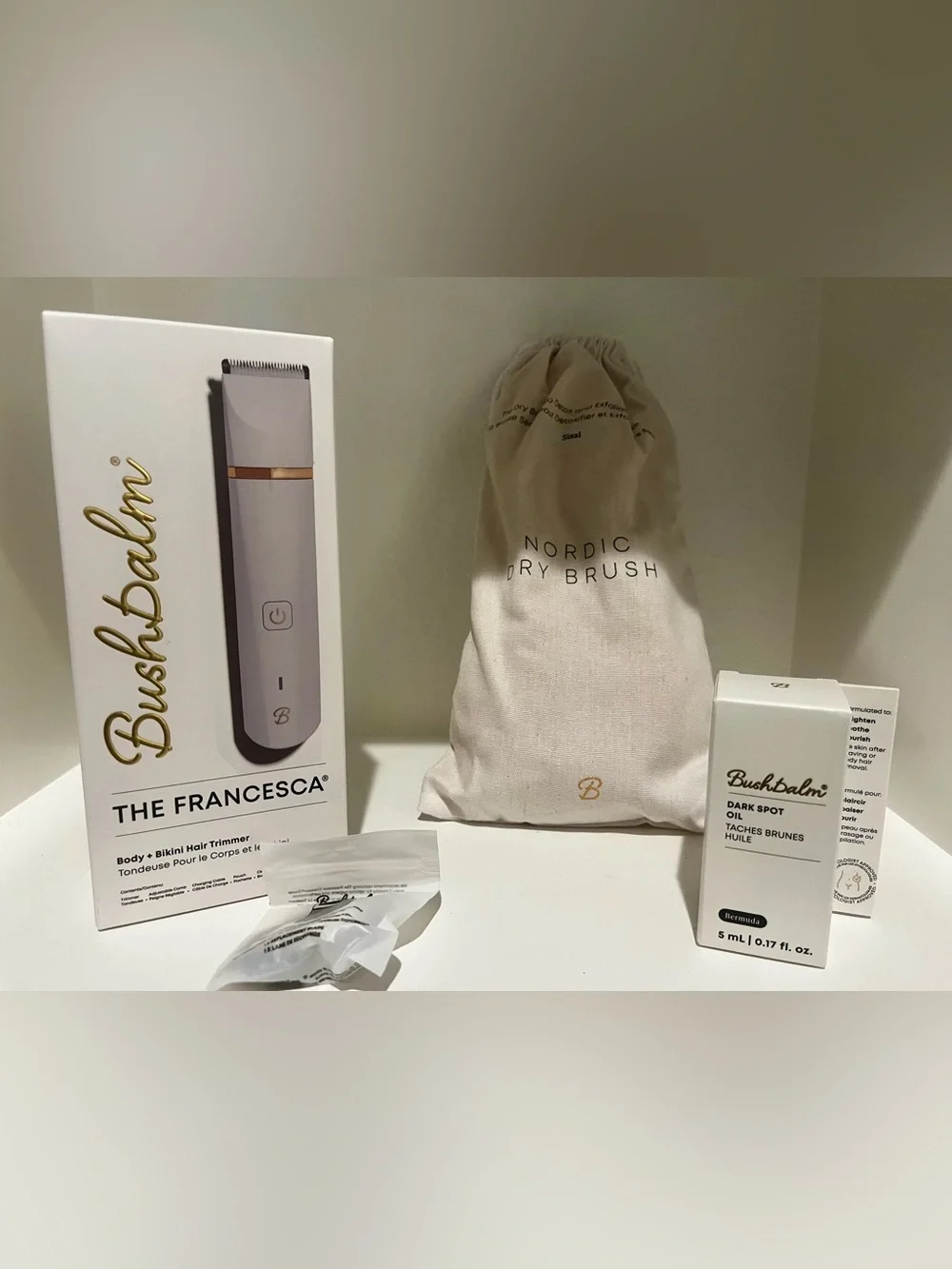 NIB Bushbalm Body Care Bundle Francesca Trimmer Nordic Dry Brush  Dark Spot Oil